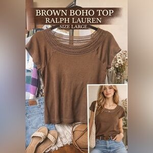 Lauren Ralph Lauren Brown Crochet Lace Neck Top Women’s Large Boho Cottagecore